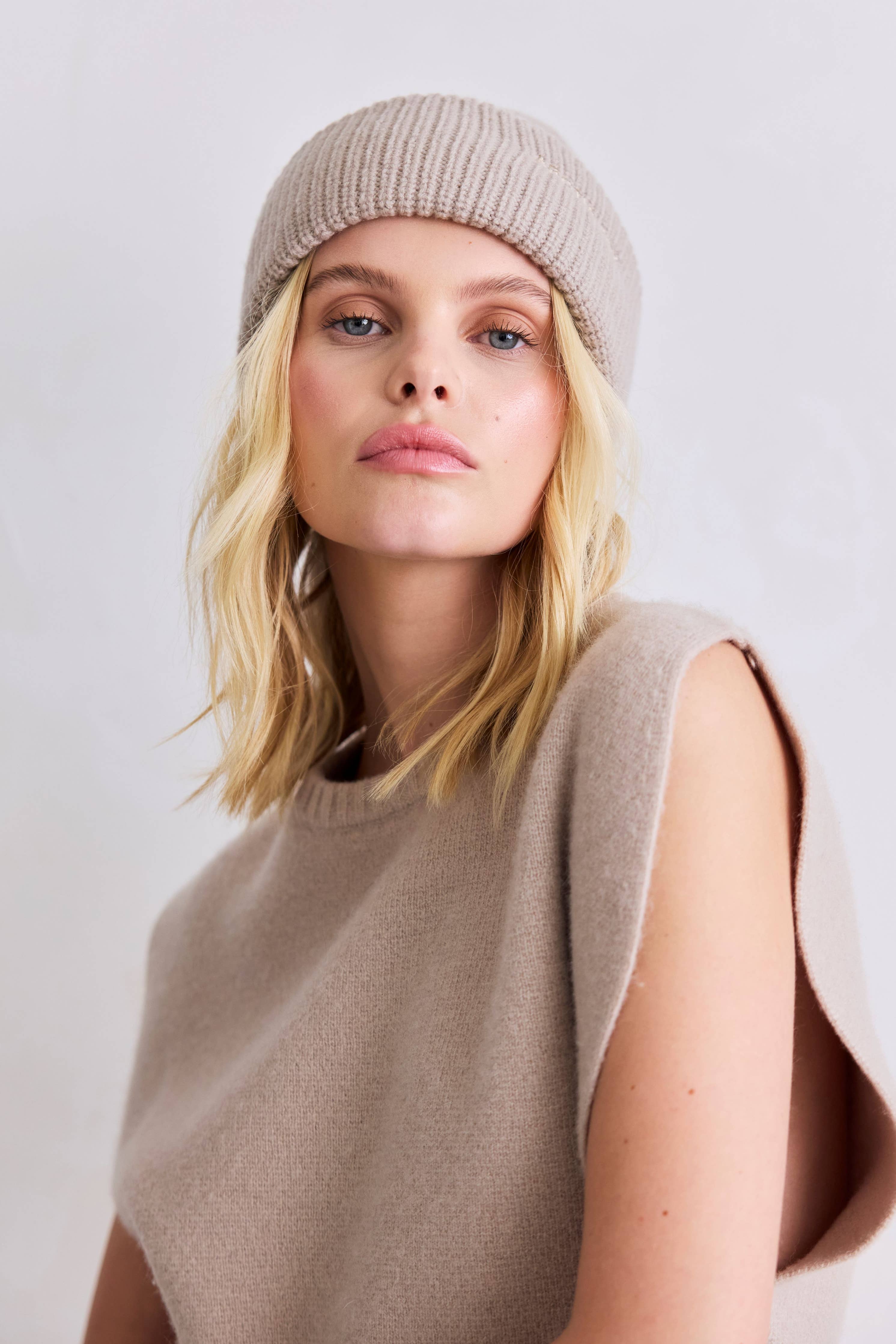 Merino Wool Embroidered Beanie - Soft Taupe - AW25