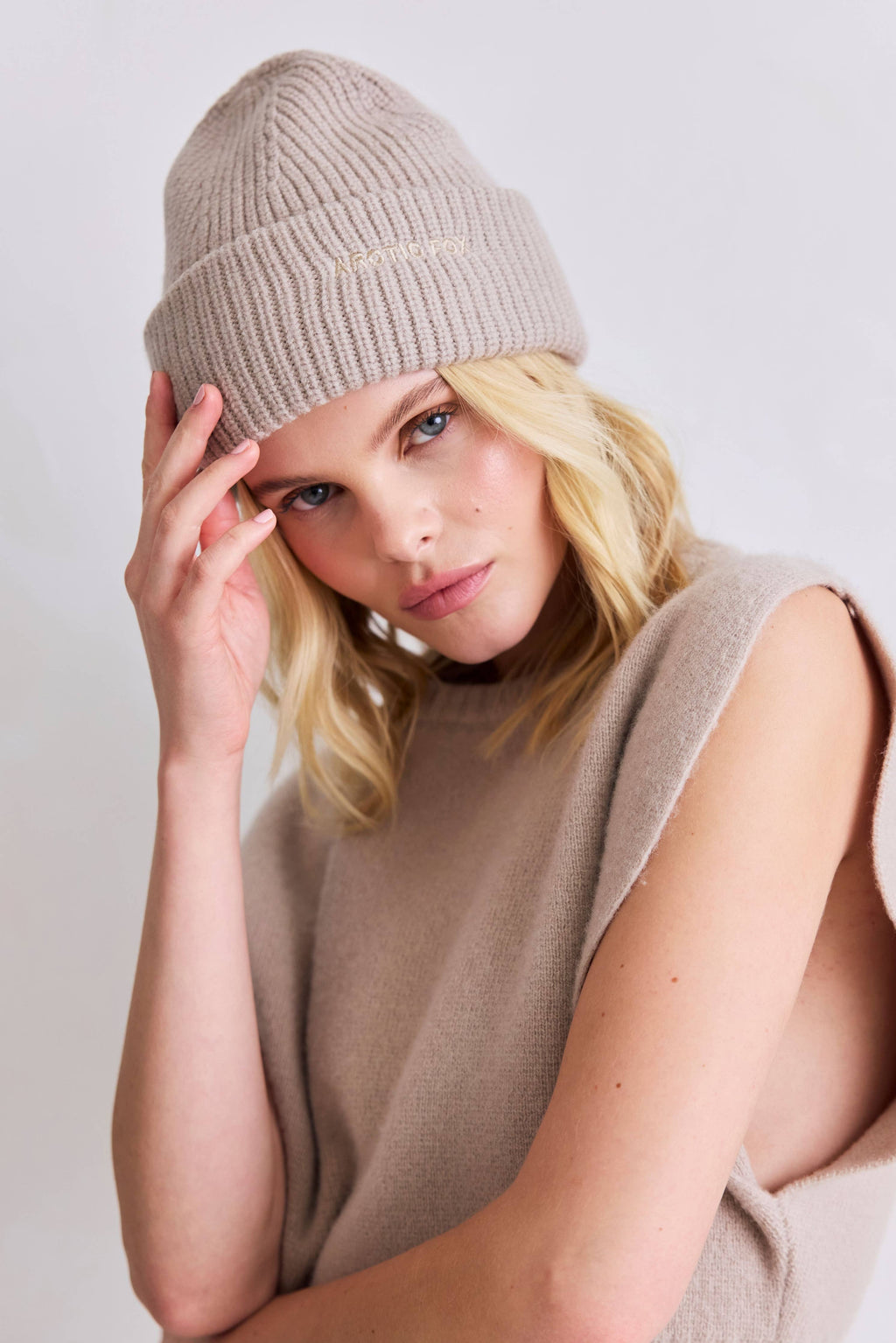 Merino Wool Embroidered Beanie - Soft Taupe - AW25