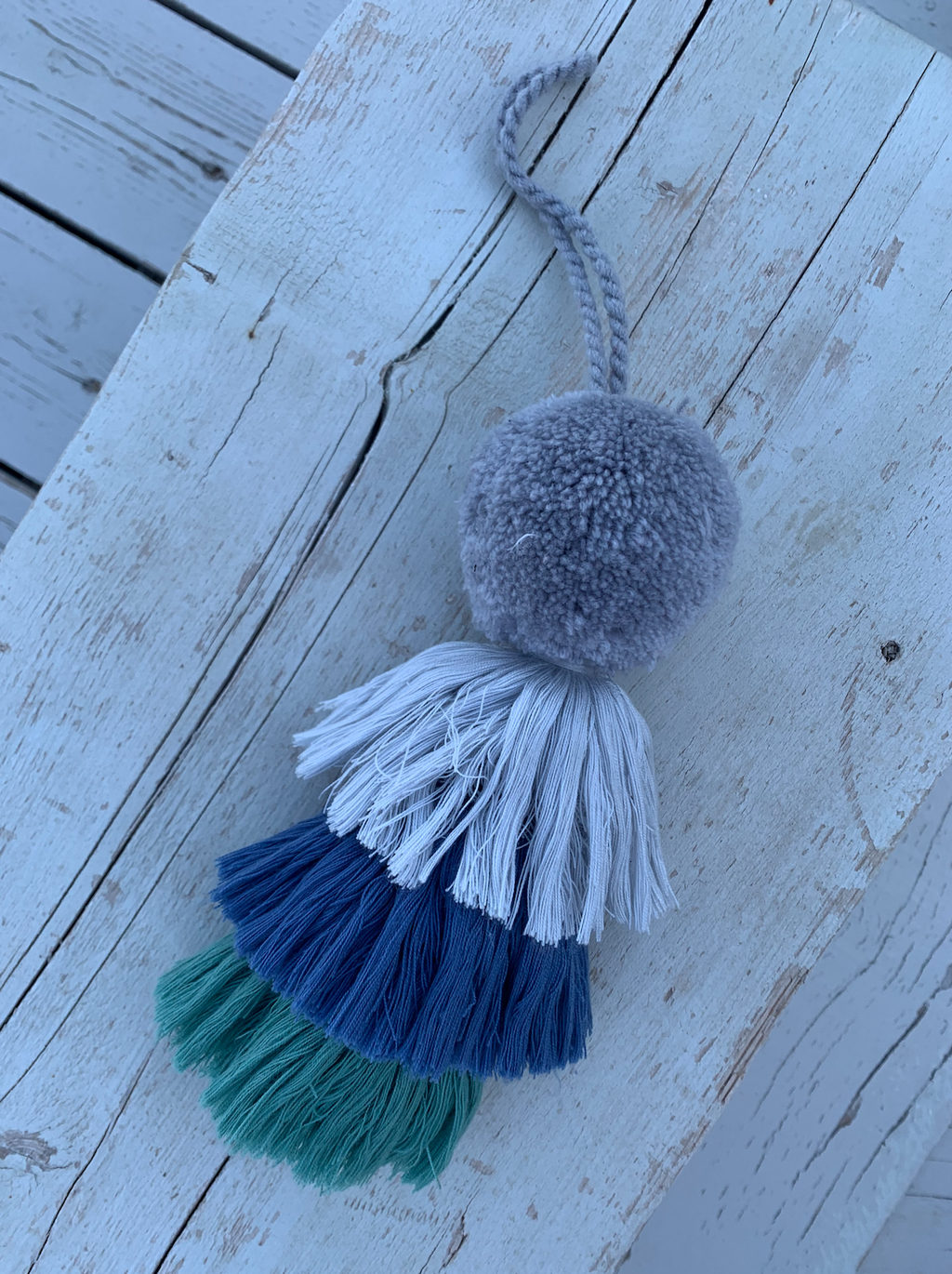 Pom Pom Trio Tassel Swag, 7cm Denim Blues