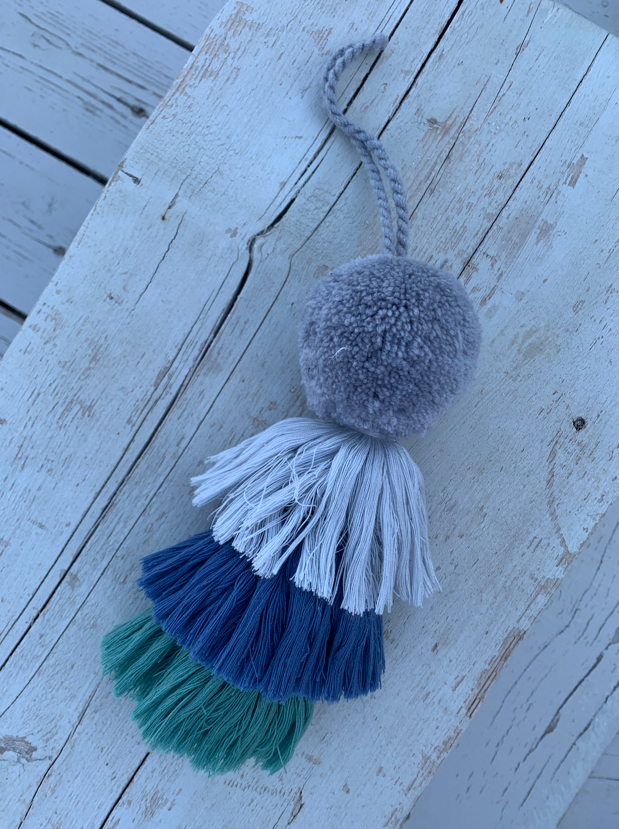 Pom Pom Trio Tassel Swag, 7cm Denim Blues