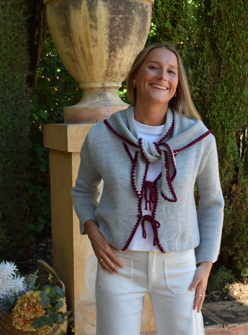 Grey and Burgundy Knit Cardigan