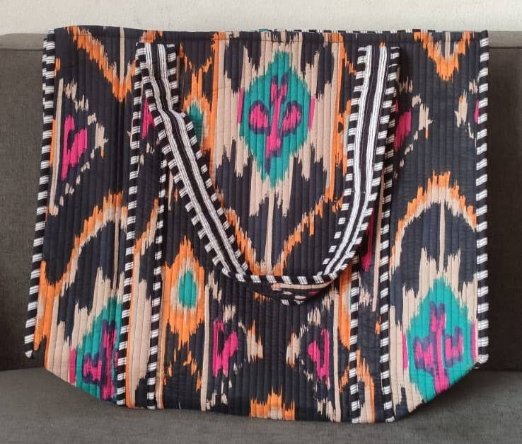 Black Ikat Cotton Quilted Tote Bag