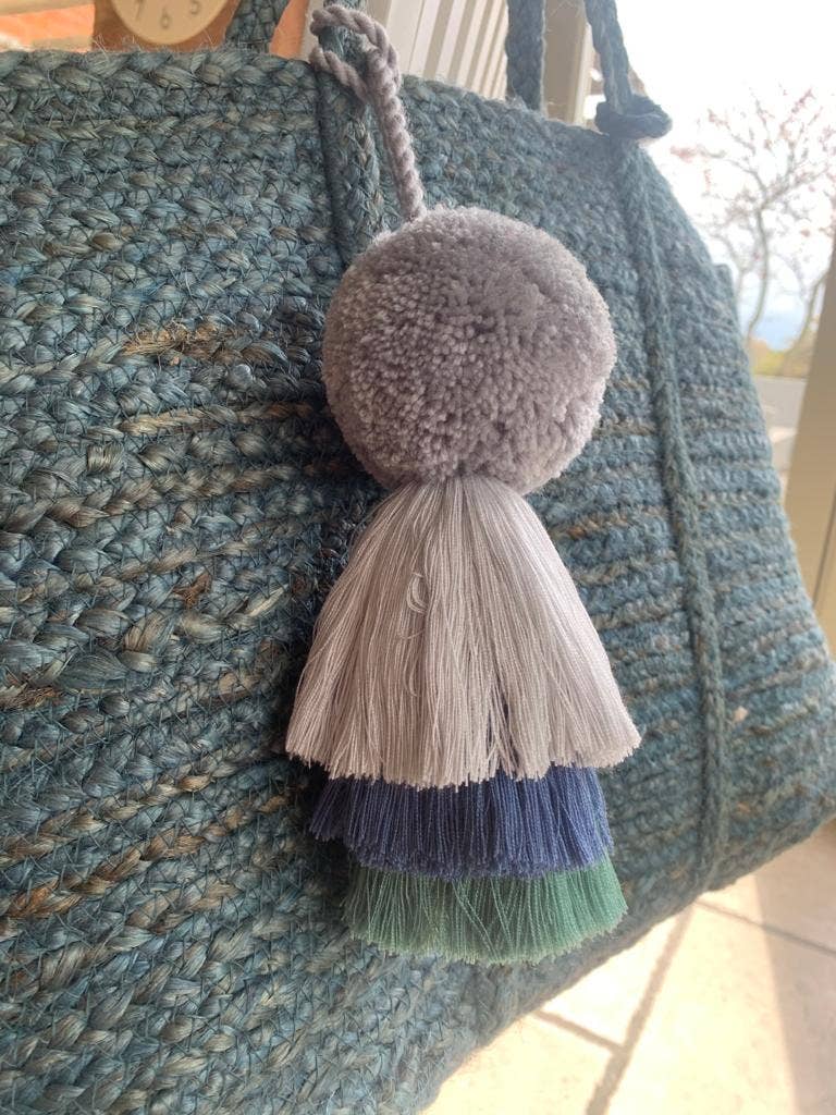 Pom Pom Trio Tassel Swag, 7cm Denim Blues