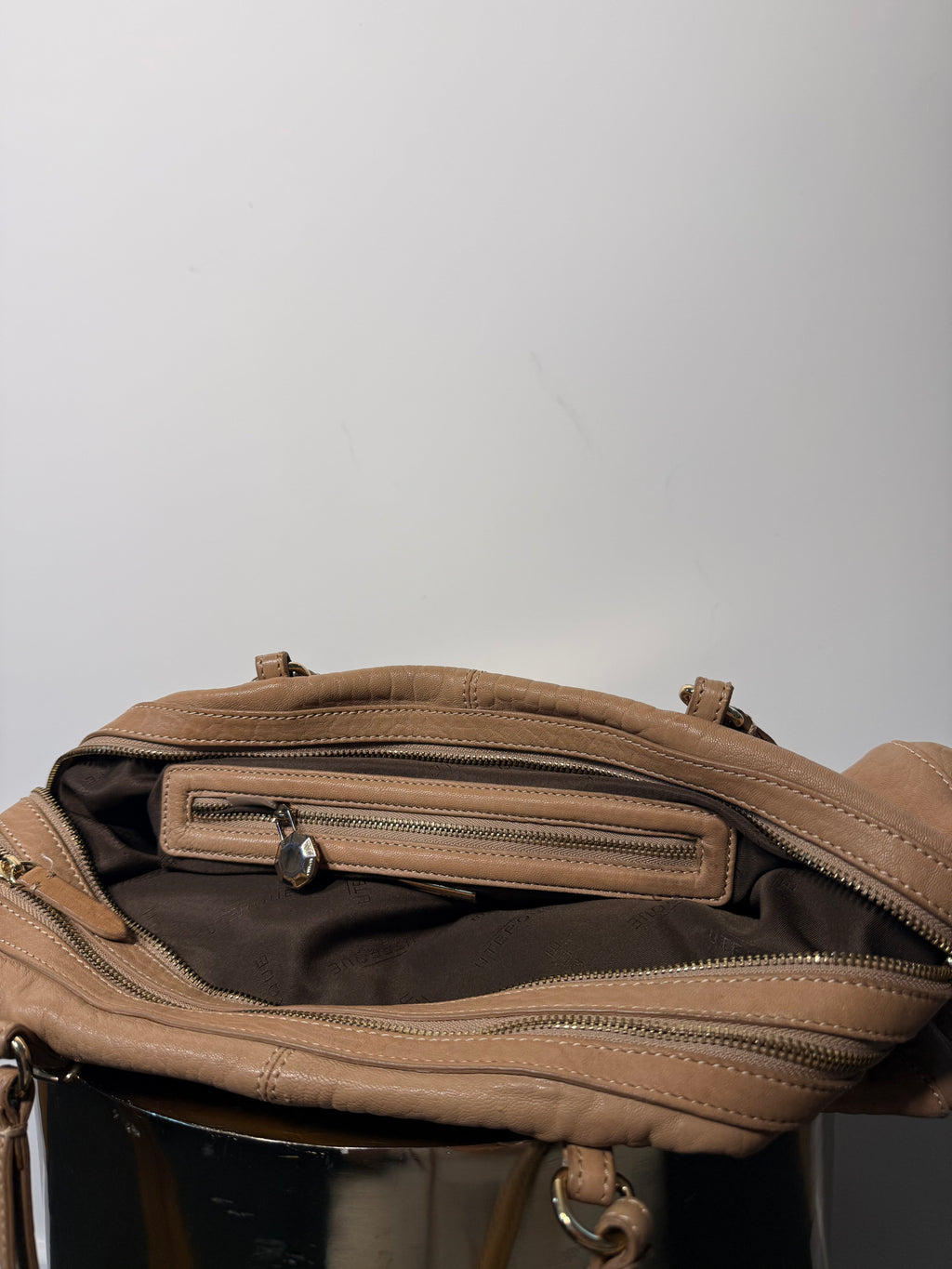 Uterque Taupe Double Zip Shoulder Bag