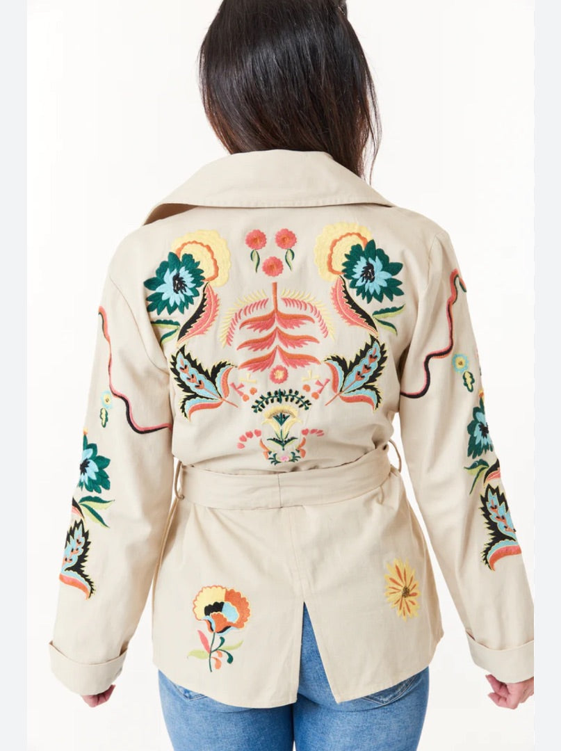 Estrella Taupe Embroidered belted jacket, Size small