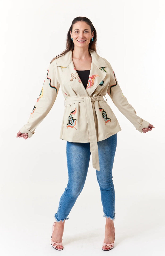 Estrella Taupe Embroidered belted jacket, Size small