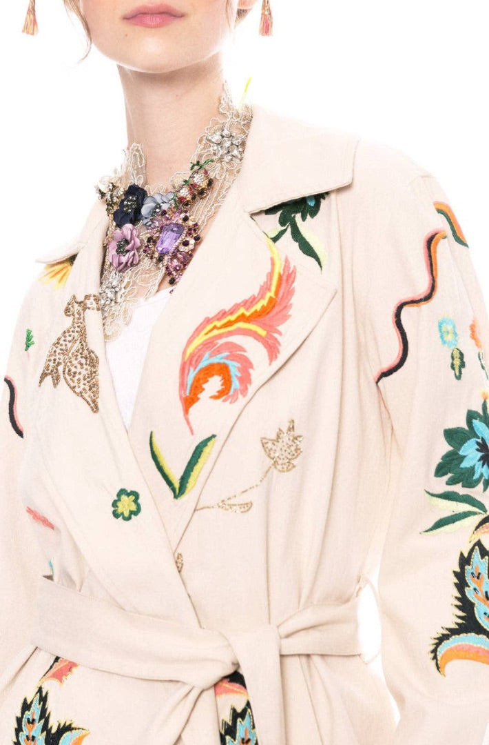 Estrella Taupe Embroidered belted jacket, Size small