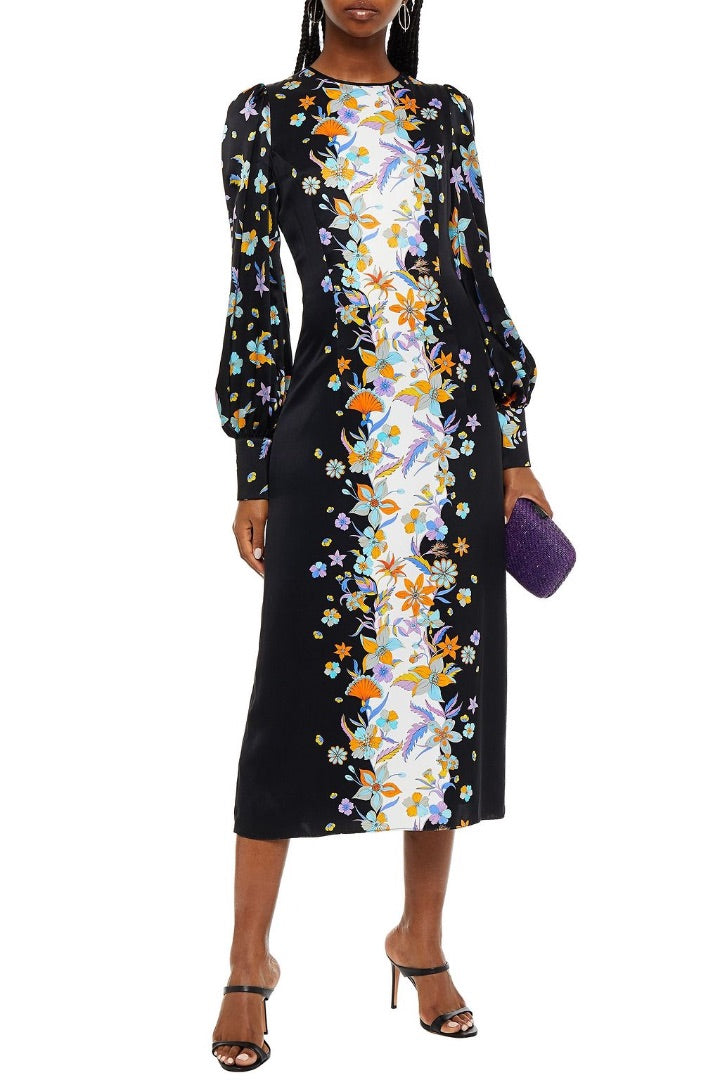 Andrew GN black floral print satin midi dress, Size 40