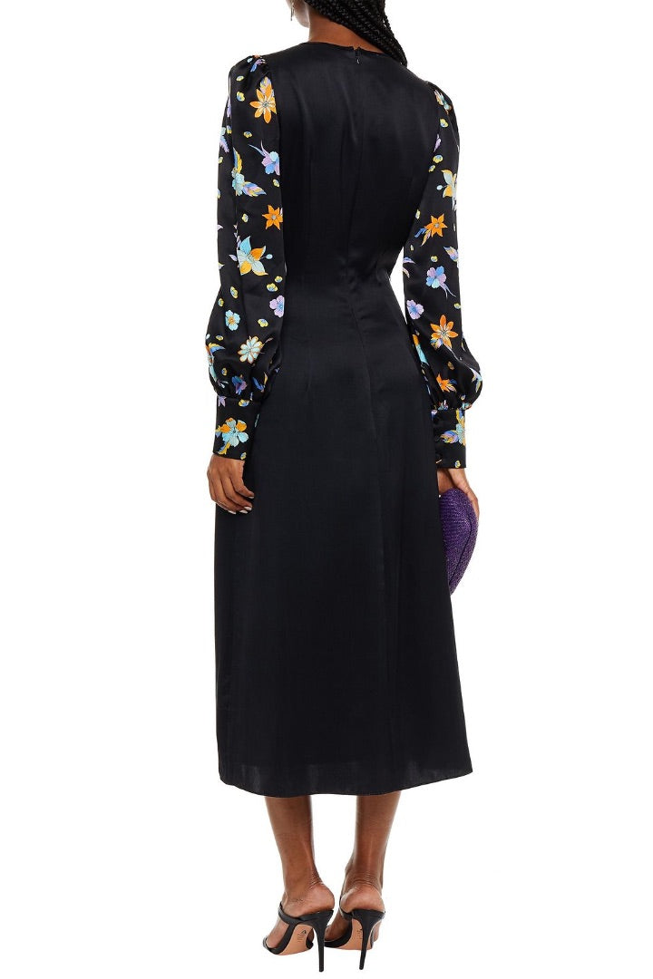 Andrew GN black floral print satin midi dress, Size 40