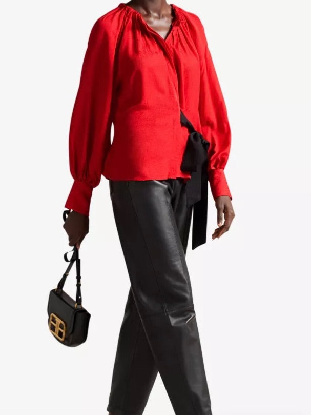 ted baker red gathered neck blouse with tie, Size 3
