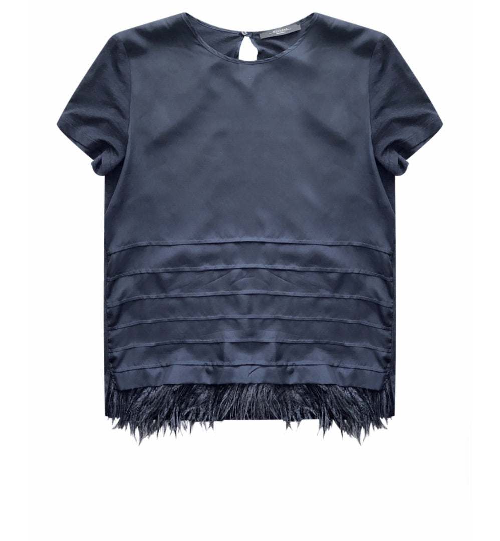 Weekend MaxMara Blue Feather trim t shirt, Size 12