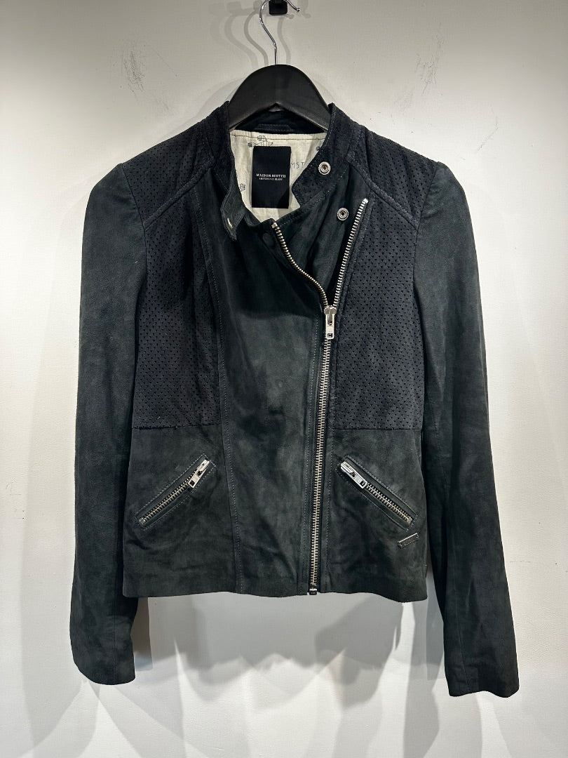 maison scotch black leather zip jacket, Size small