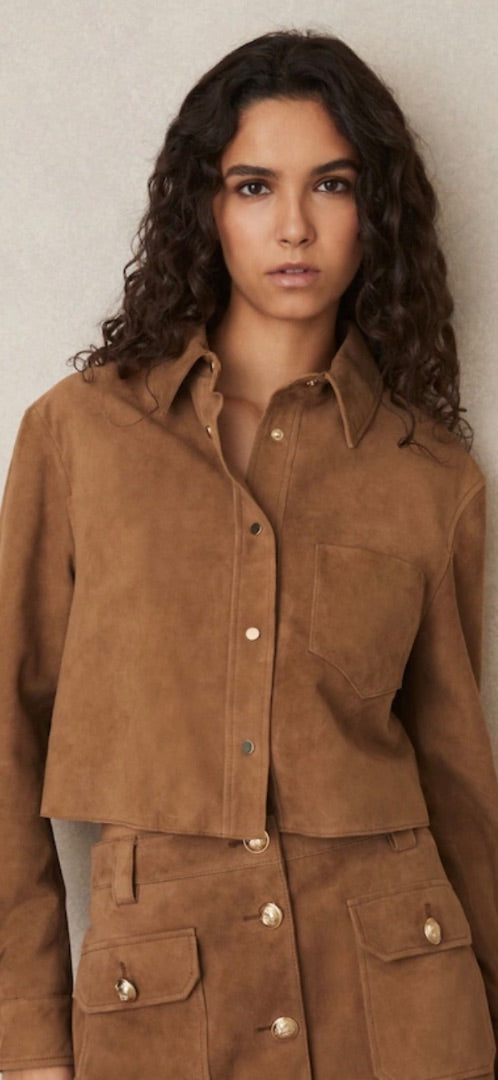 reiss tan connie press stud suede jacket, Size 14