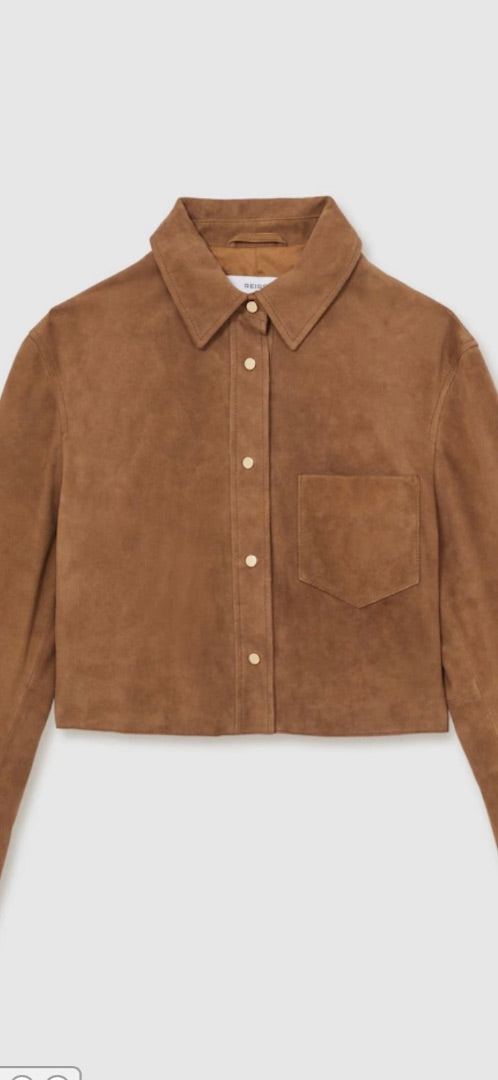 reiss tan connie press stud suede jacket, Size 14