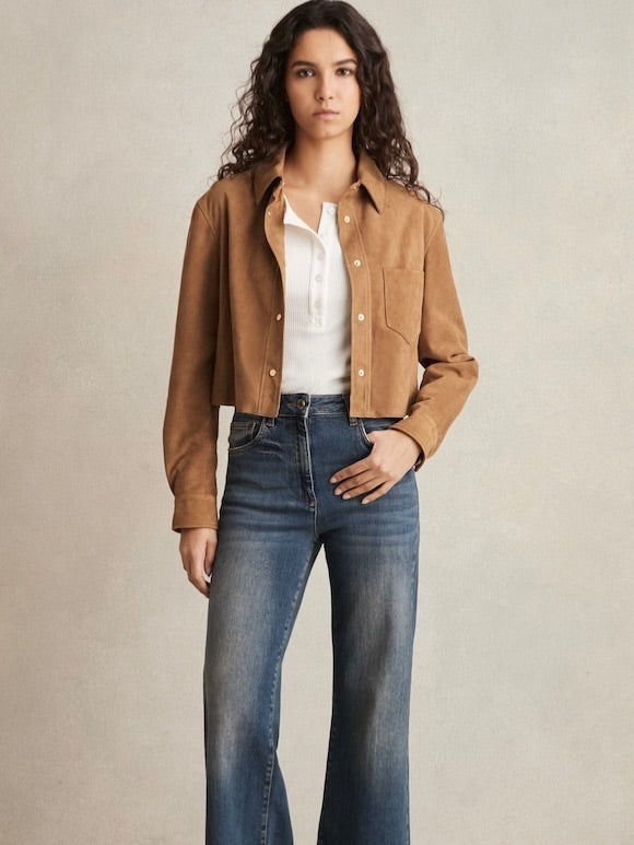 reiss tan connie press stud suede jacket, Size 14