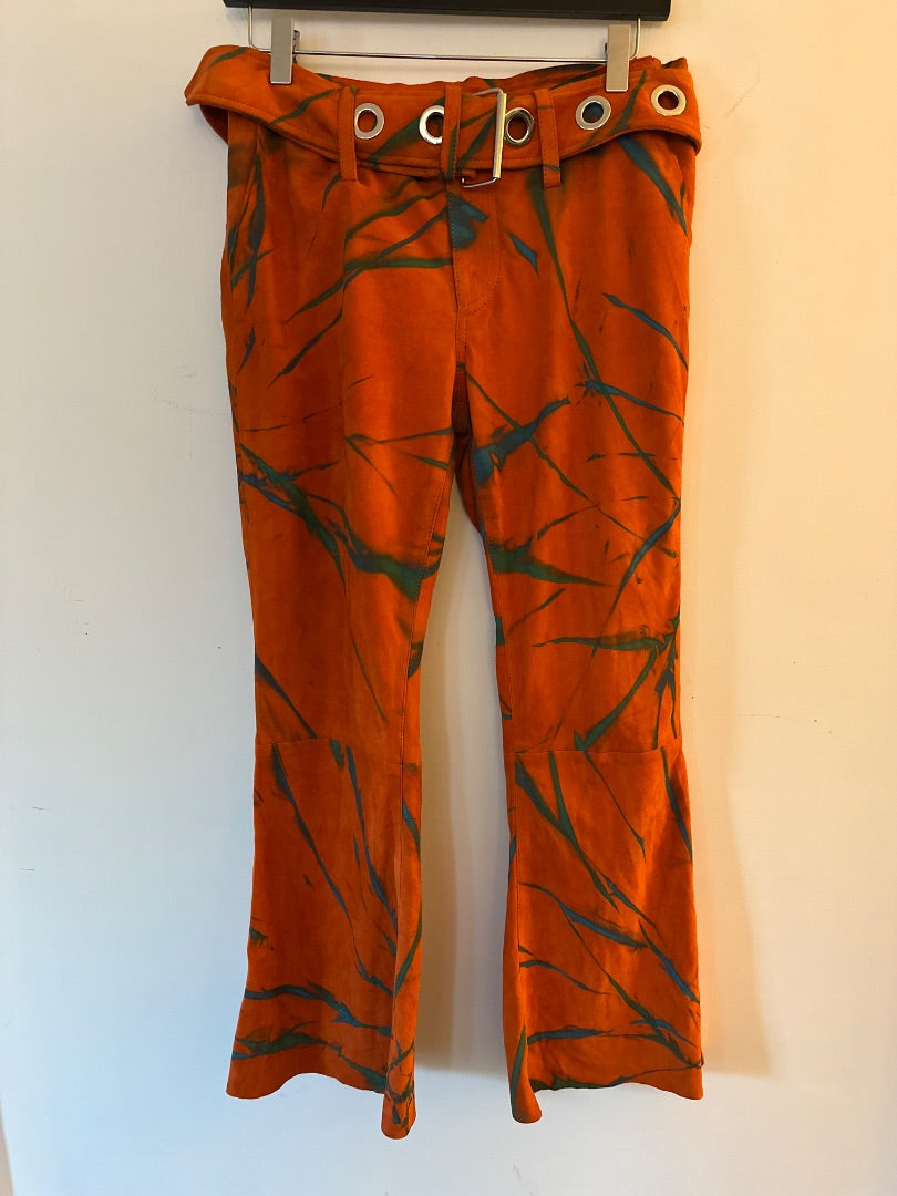 Marques Almeida orange suede abstract flare pants, Size 8