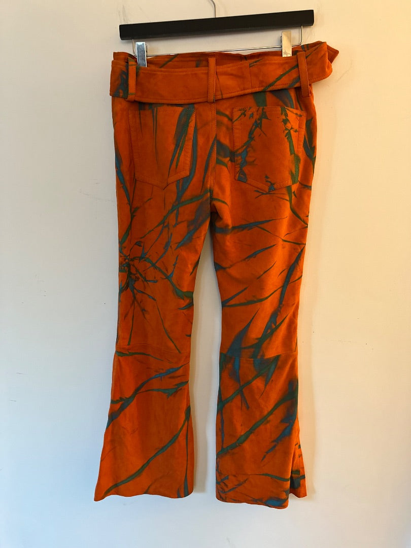 Marques Almeida orange suede abstract flare pants, Size 8
