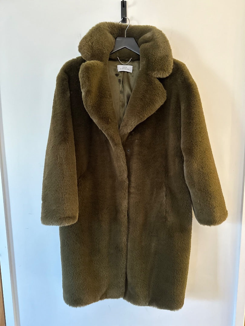 issy london olive faux fur coat, Size small