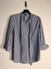 Load image into Gallery viewer, Theory Navy striped tie neck shirt, Size Large
