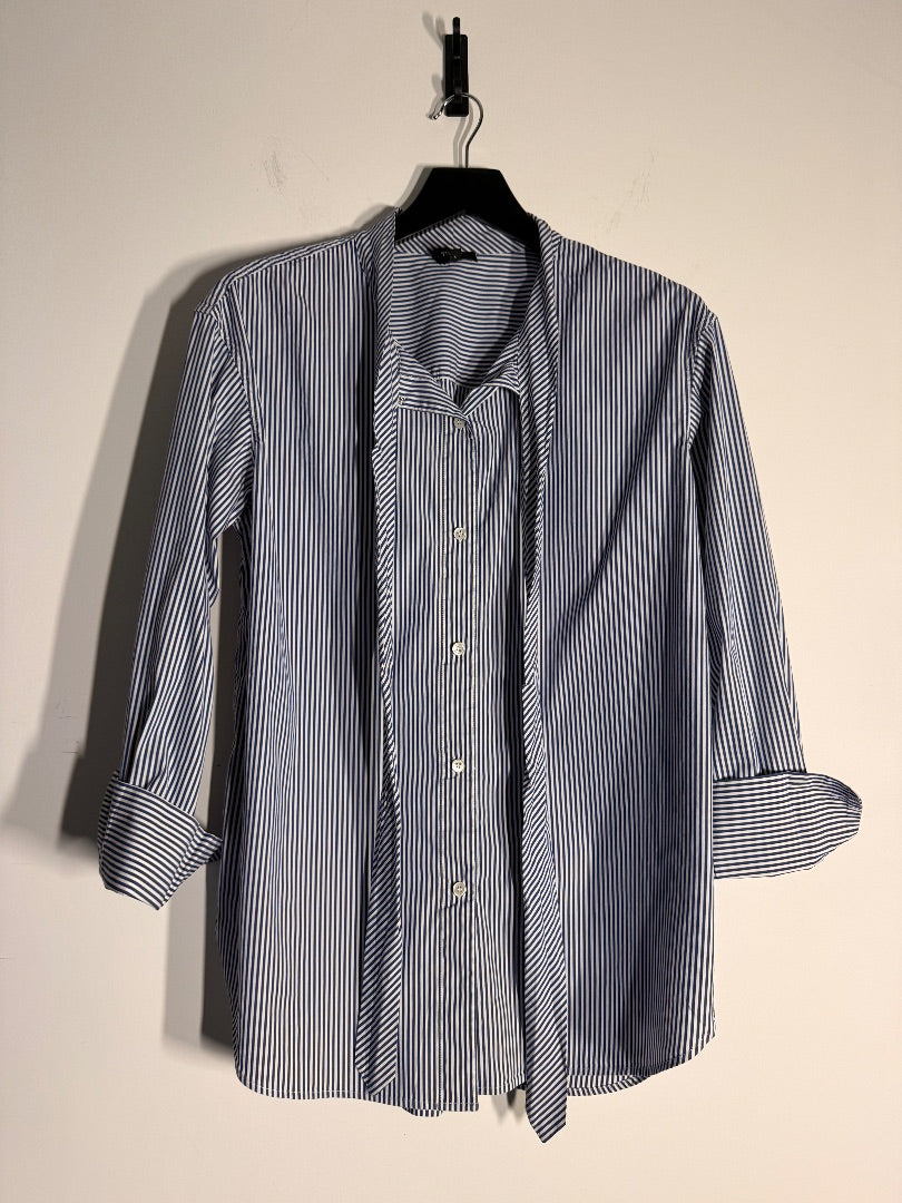 Theory Navy striped tie neck shirt, Size Large