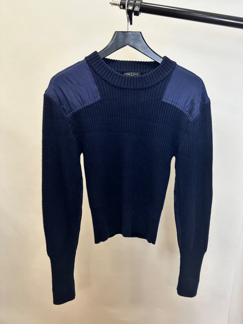 rag and bone navy ribbed satin patch detailed jumper, Size large