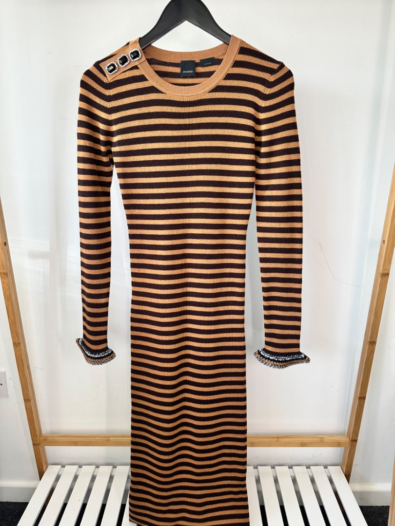 Pinko Camel & brown Knitted stripe dress, Size Small