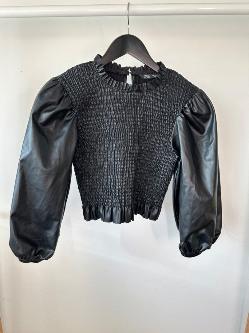 Zara black Faux leather shirred top, Size Medium
