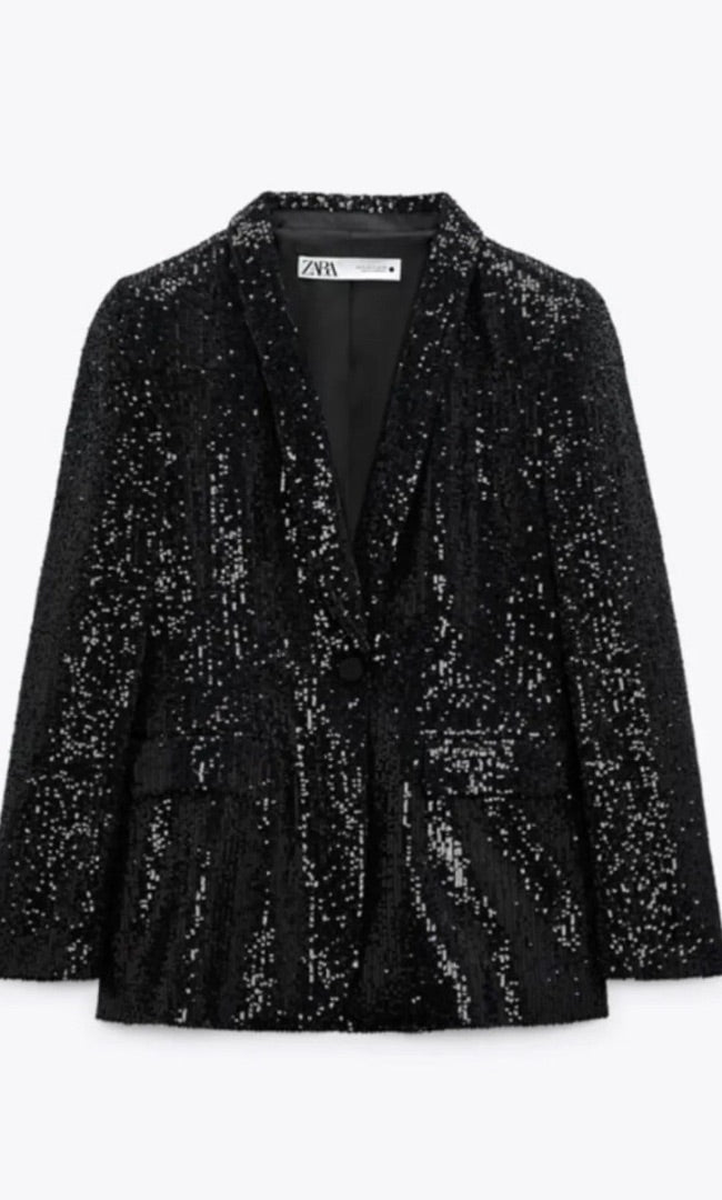 Zara Black Sequin single breasted jacket, Size L
