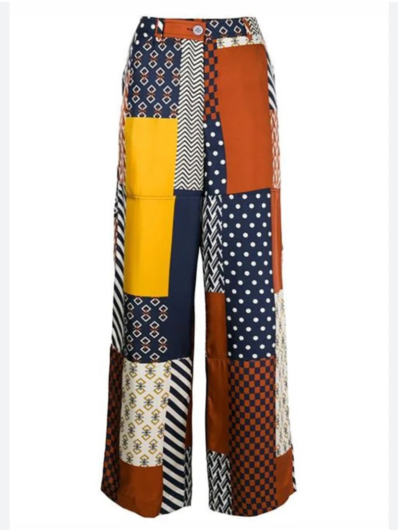 Tory Burch Multicoloured Patchwork silk trousers, Size UK12