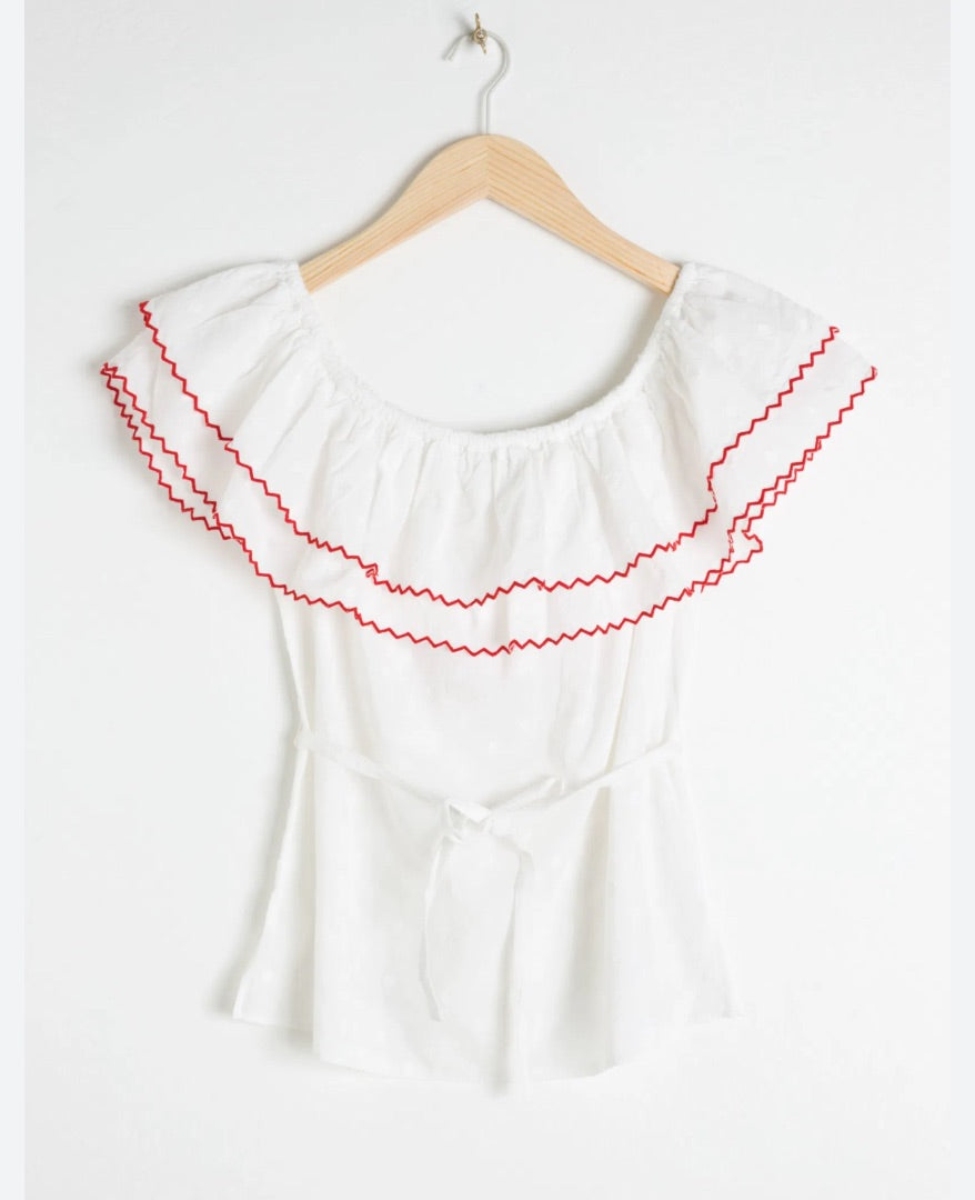 & Other Stories White Frilled Swiss polka dot top, Size 38