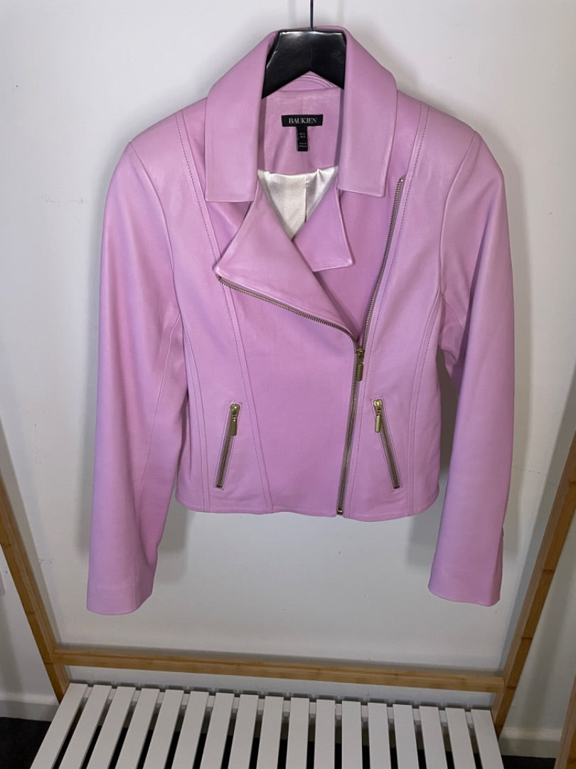 Baukjen Lilac leather biker jacket, Size 8