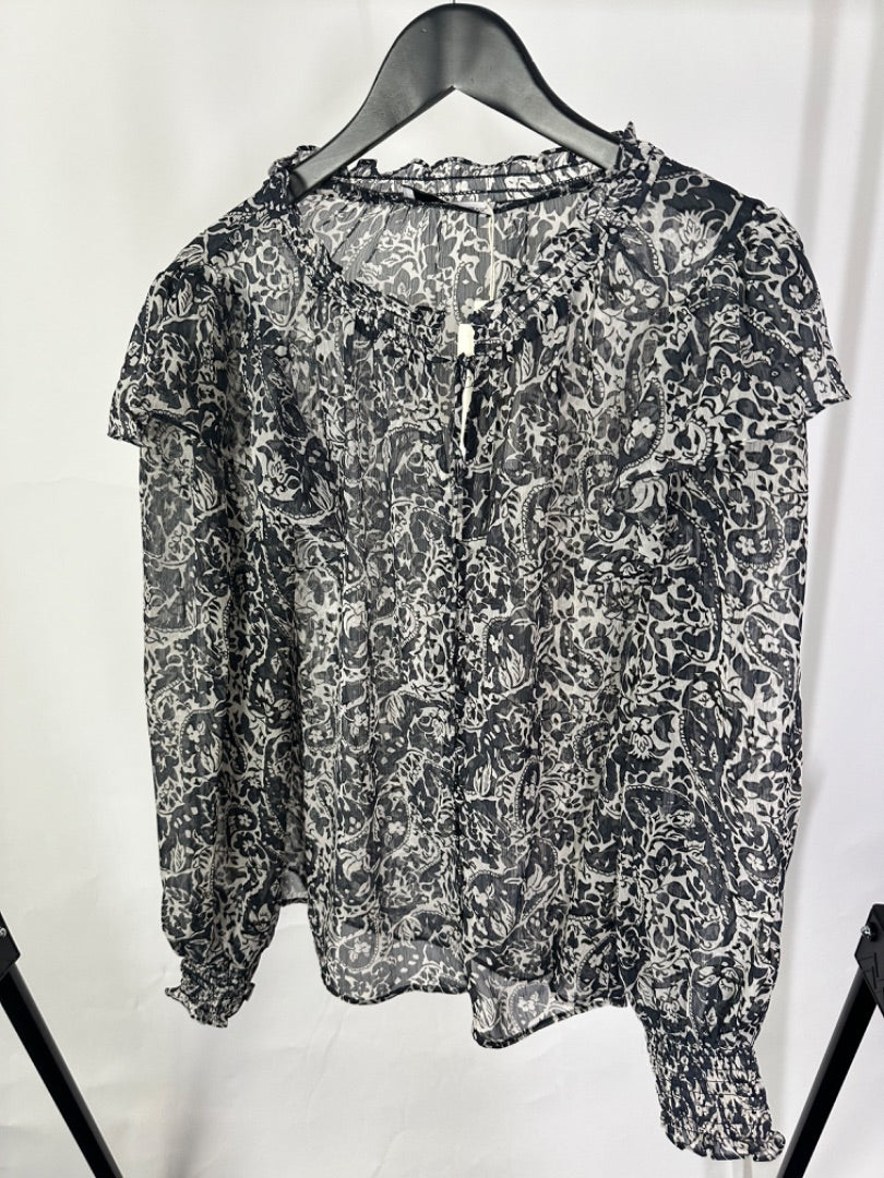 Mango Black & white Paisley sheer top, Size Medium