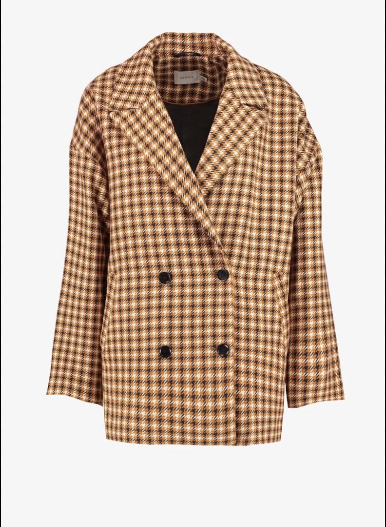 Gestuz Brown Checked oversized jacket, Size XS