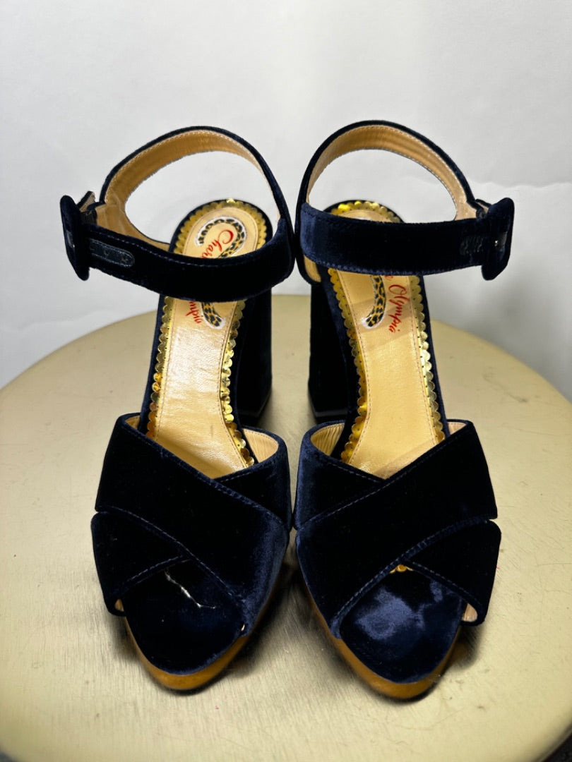 Charlotte Olympia navy Emma velvet heels, Size 38