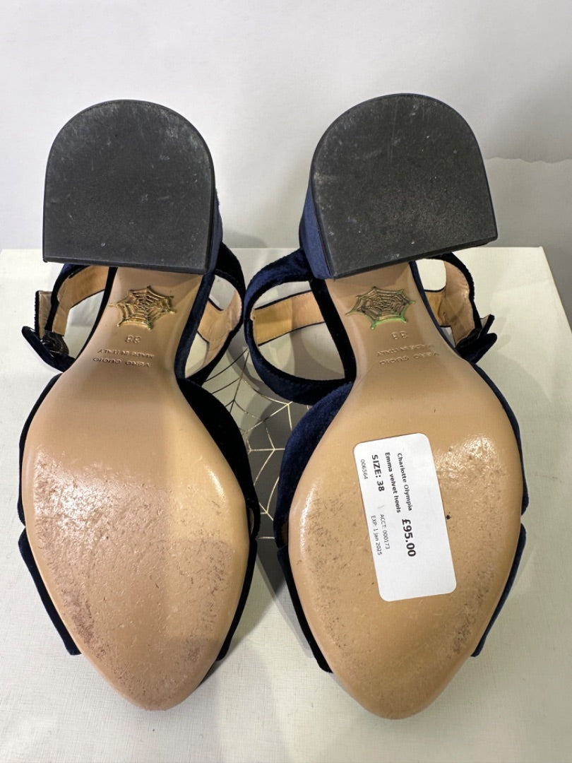 Charlotte Olympia navy Emma velvet heels, Size 38