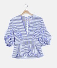 Load image into Gallery viewer, Lucy Wang Blue Striped peplum top, Size L
