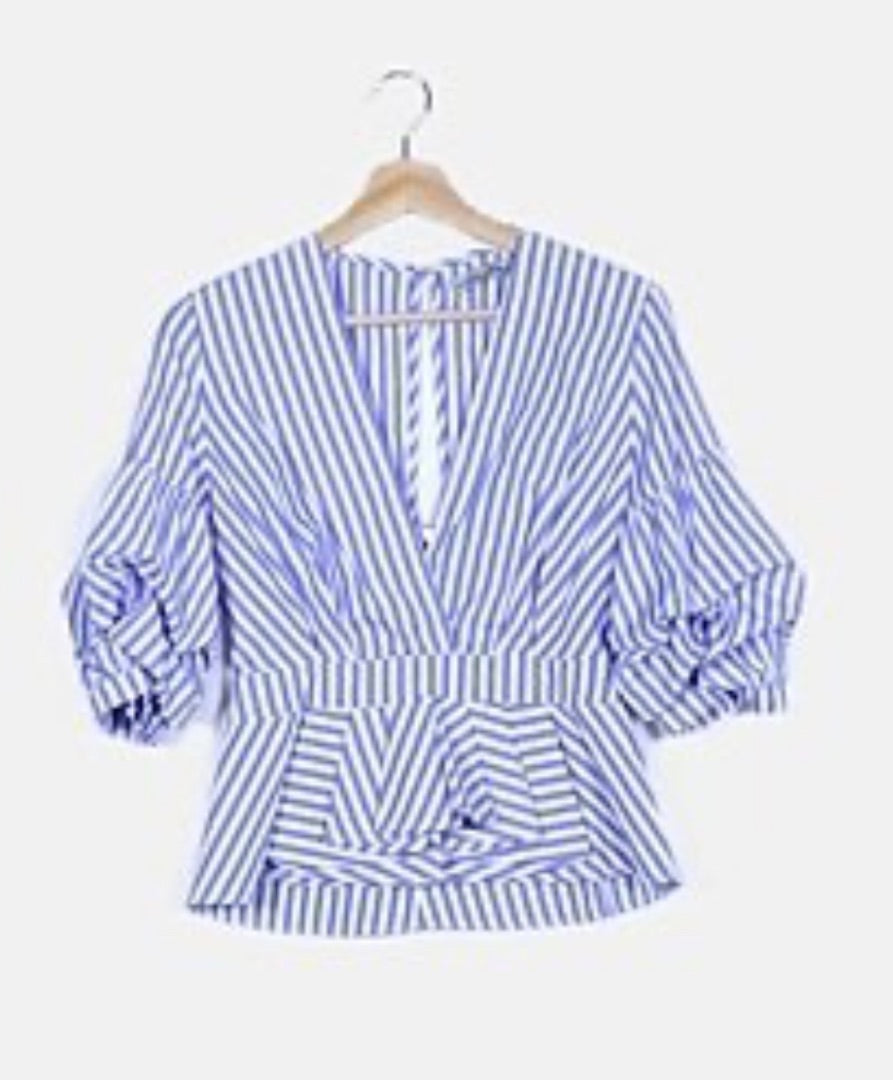 Lucy Wang Blue Striped peplum top, Size L