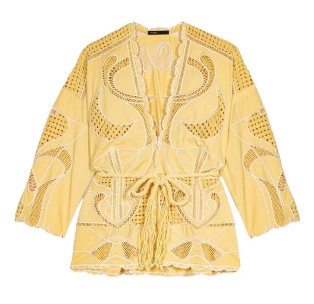 maje Yellow Embroidered belted jacket, Size 40