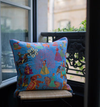 Load image into Gallery viewer, Les Toiles Indiennes Blue The Marriage of Draupadi Cushion - Blue, Size 50cm x 50cm
