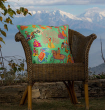 Load image into Gallery viewer, Les Toiles Indiennes Blue The Marriage of Draupadi Cushion -  Jade, Size 50cm x 50cm
