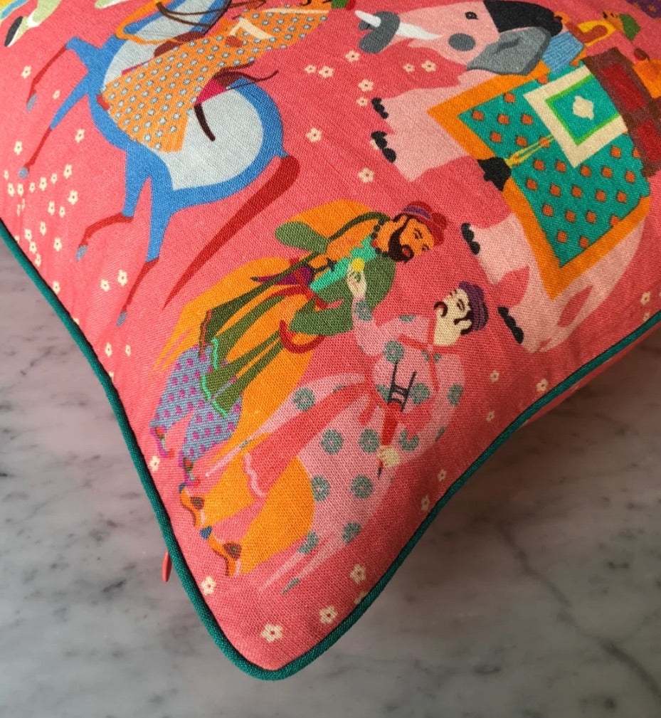 Les Toiles Indiennes Pink The Marriage of Draupadi Cushion - Blushing Pink, Size 50cm x 50cm