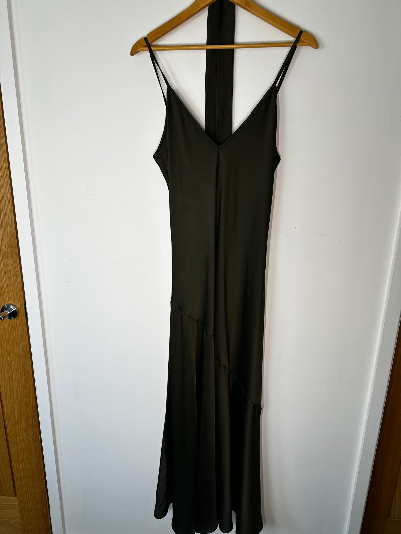 sportmax dark olive silky maxi slip dress, Size 12