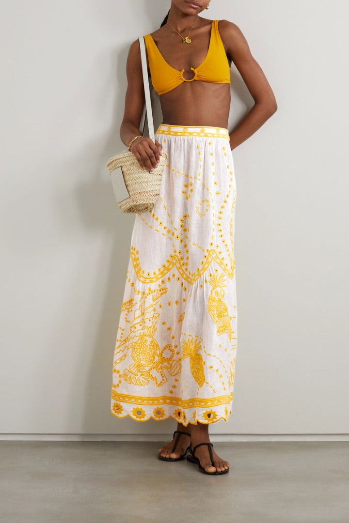 eres white & yellow Ambra embroidered maxi skirt, Size large