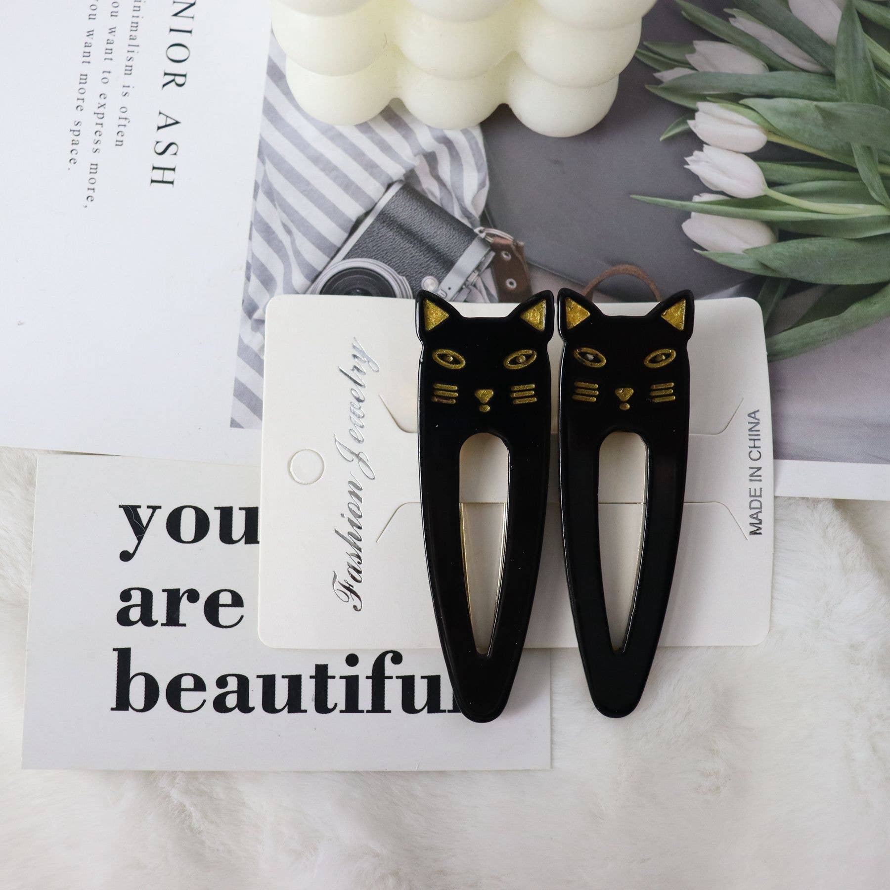 Cats Whiskers Hair Clips (Pair) in Solid Black