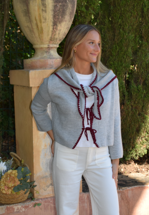 Grey and Burgundy Knit Cardigan