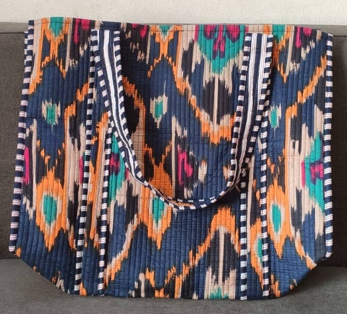 Blue Ikat Cotton Quilted Tote Bag