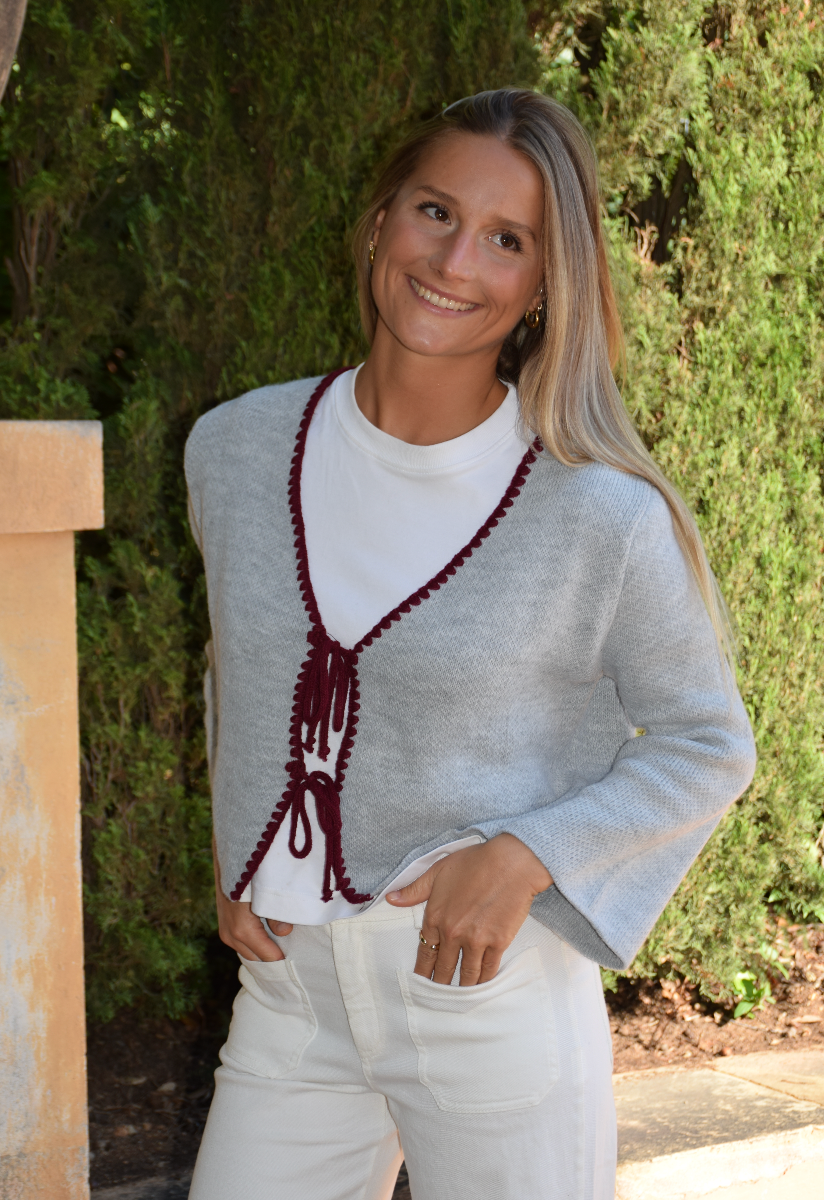Grey and Burgundy Knit Cardigan