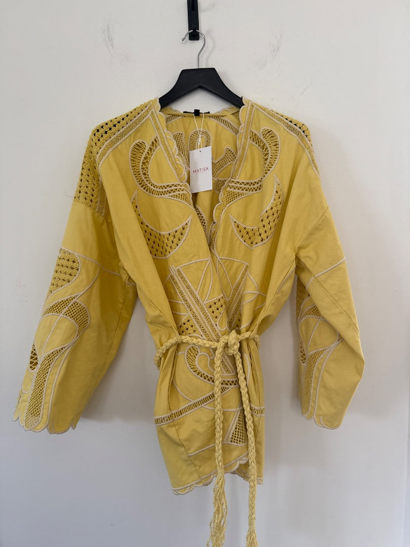 maje Yellow Embroidered belted jacket, Size 40