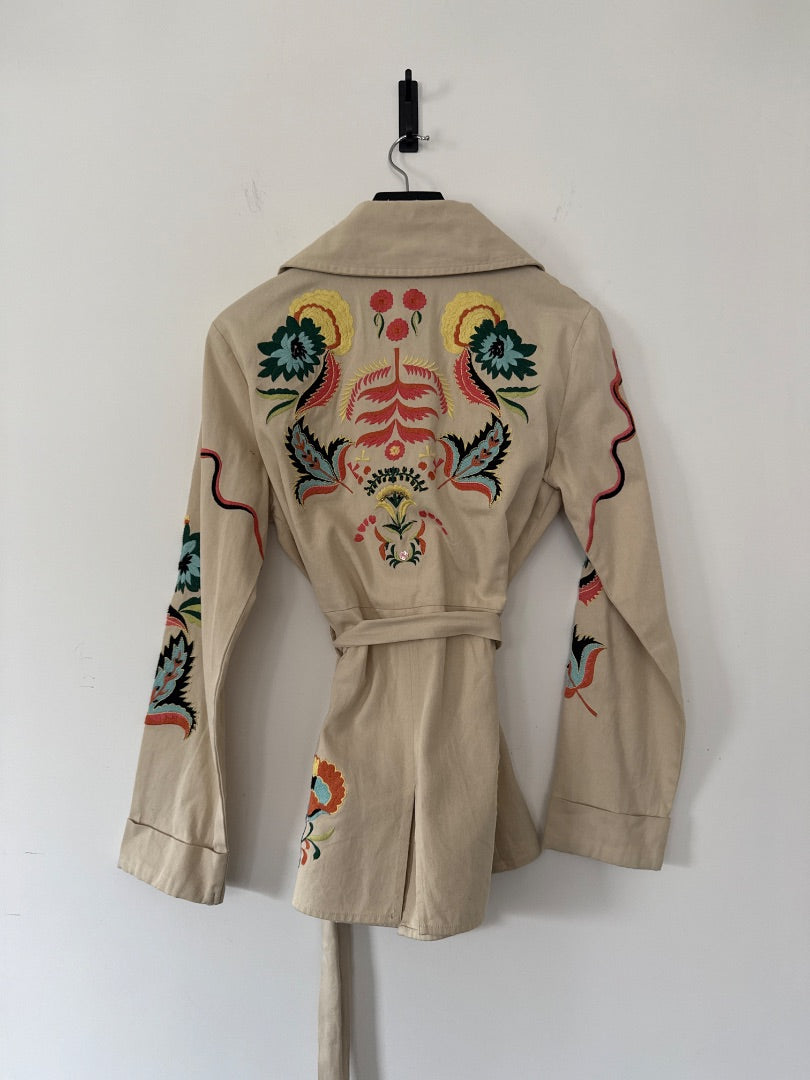 Estrella Taupe Embroidered belted jacket, Size small