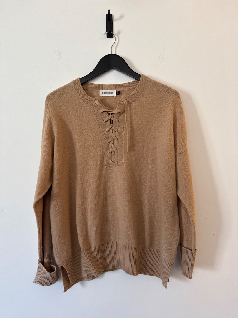 Homespun Oatmeal Criss cross cashmere sweater, Size M